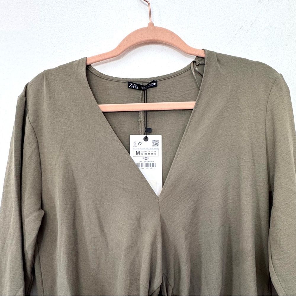 NWT Zara Minimalist Front Knot Loose Fitted Midi Dress Olive Green Sz M - Picture 7 of 12